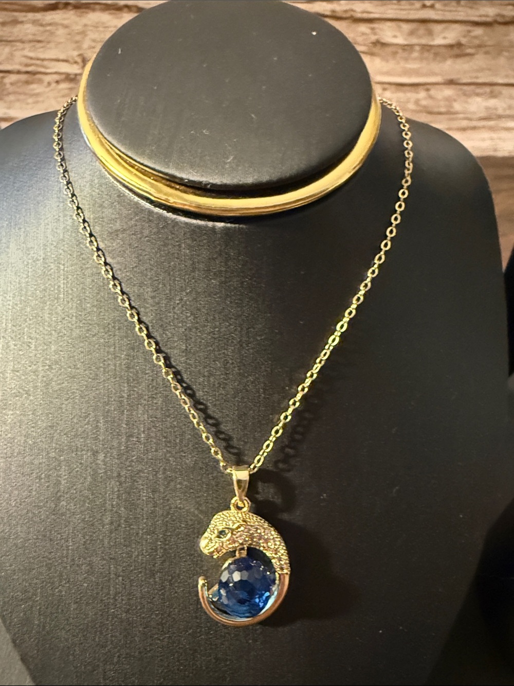Gold Plated On Stainless Steel Chain Necklace with Blue Gemstone Panther Pendant